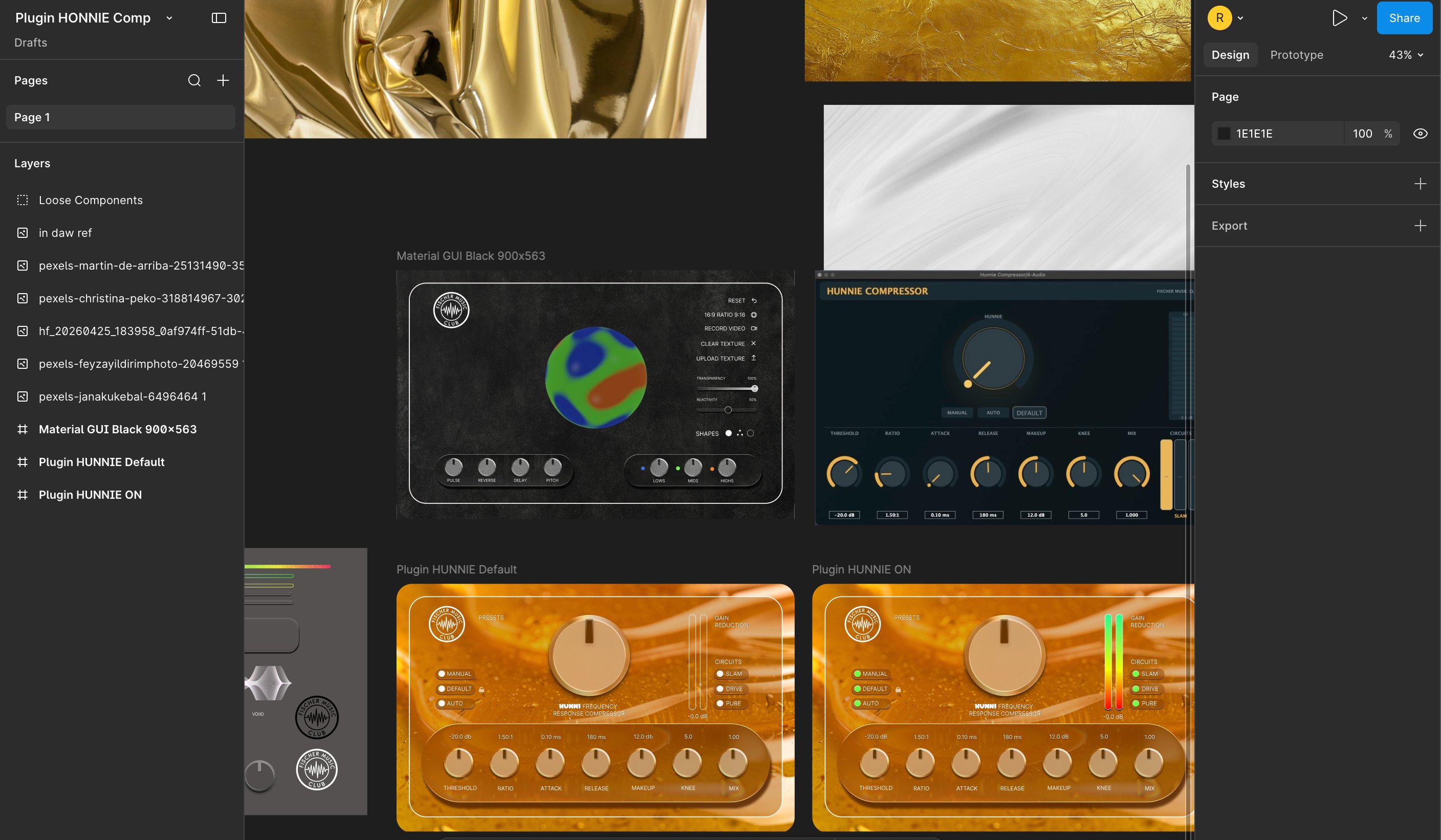 Fischer Music Club HONNIE Compressor plugin in three states, shown next to a mood-board reference of black material textures and gold foil. The interface uses a single large dial, clearly labeled knob controls, simple circuit toggles, and an at-a-glance gain reduction meter