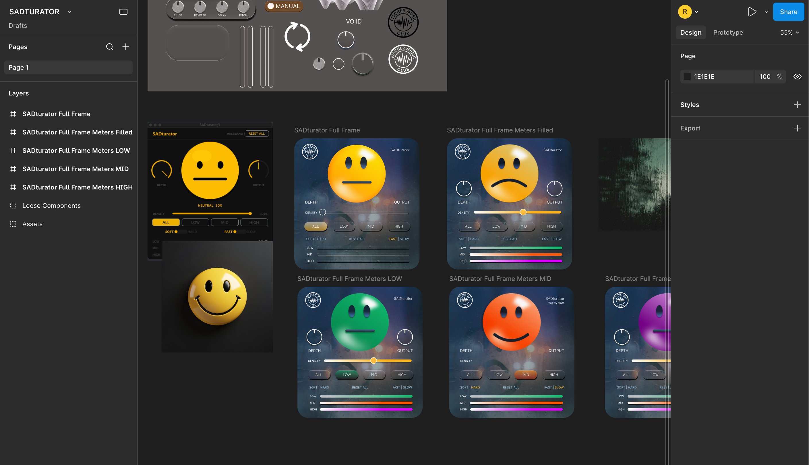 Fischer Music Club SADturator multiband saturator plugin, with the primary control surface rendered as a face whose expression maps to harmonic distortion intensity. Multiple state designs show neutral, sad, soft green, and aggressive orange faces, each communicating processing character before any technical parameter is read