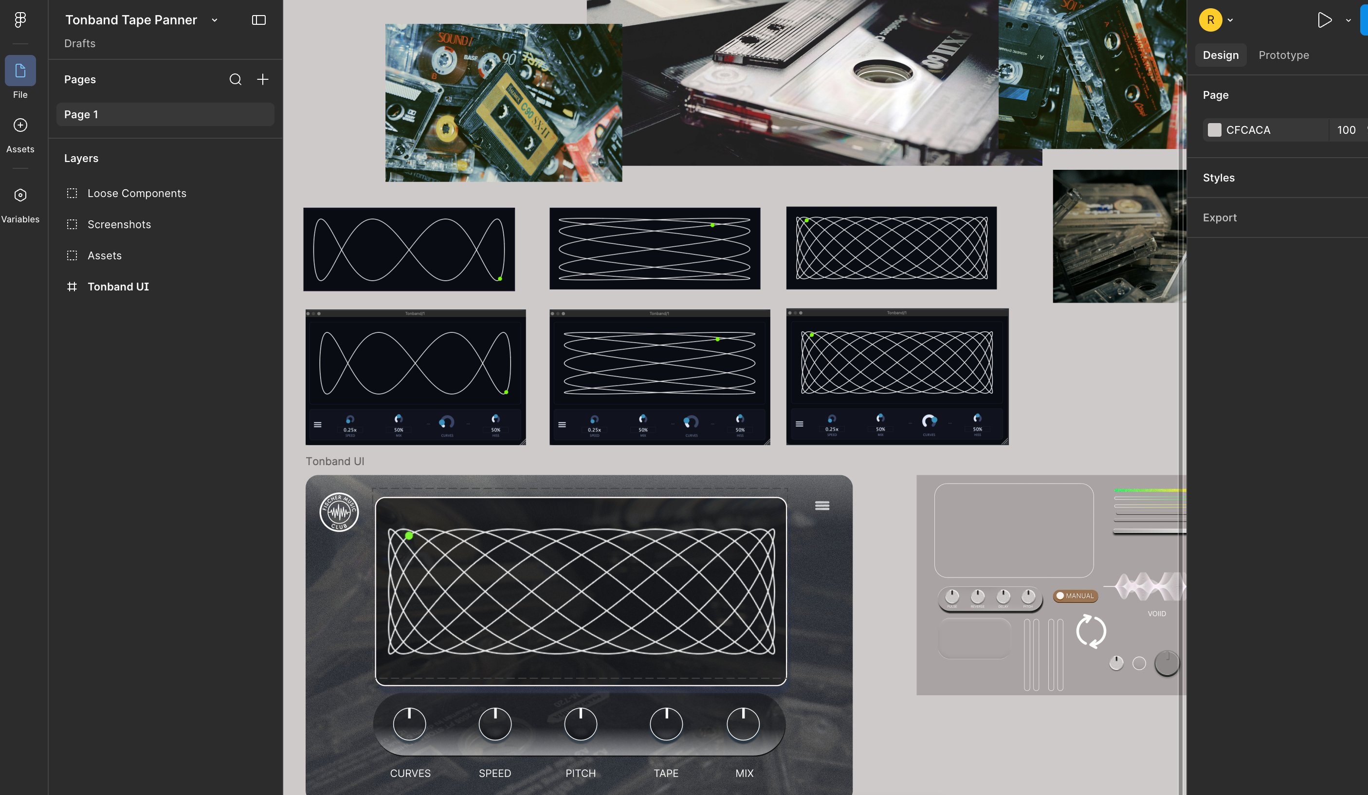 Fischer Music Club Tonband tape panner plugin, with the primary control surface rendered as a Lissajous curve visualization. Multiple state designs show curves at different speeds and complexity, each communicating panning behavior and modulation depth visually rather than through numeric parameters