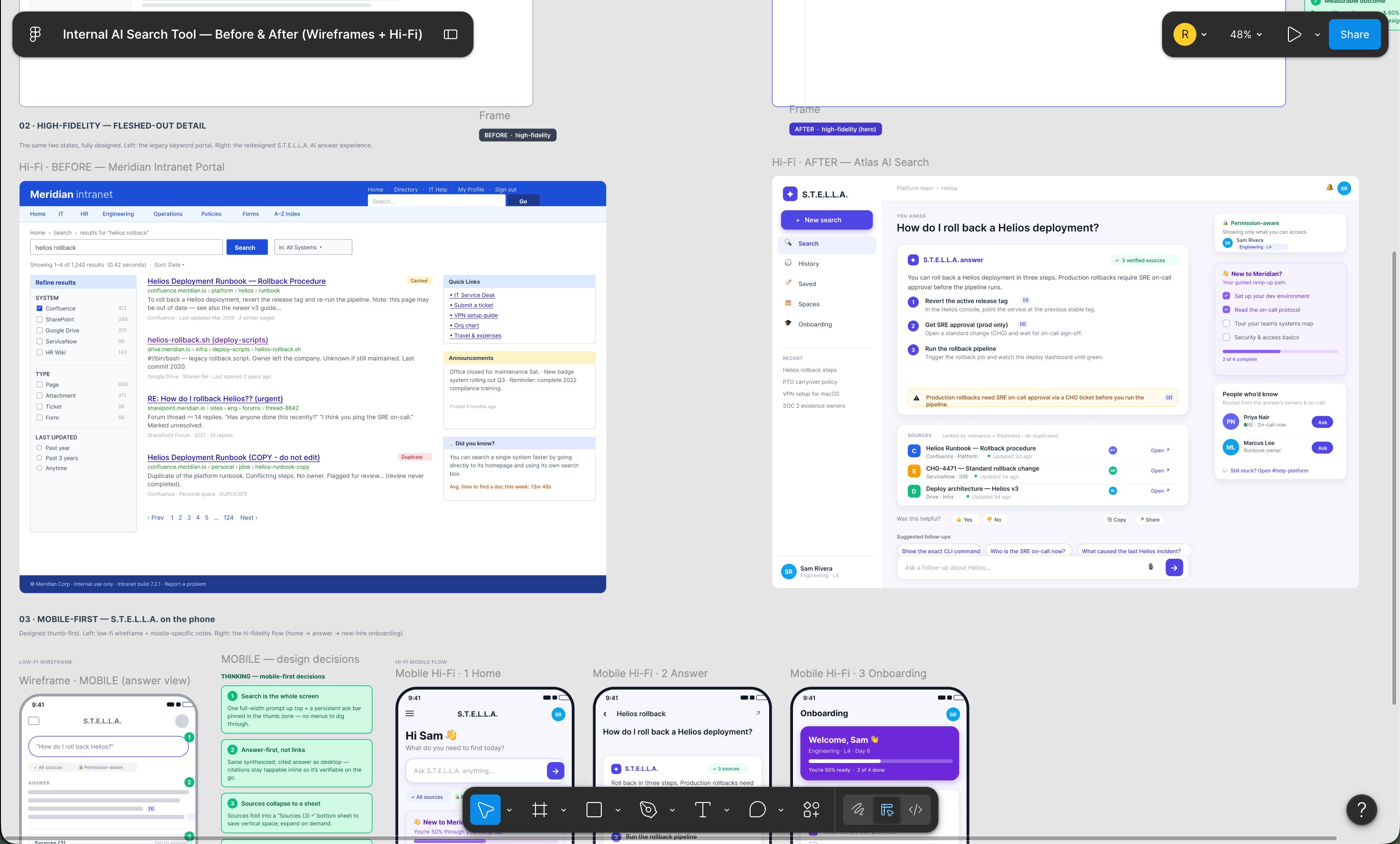 S.T.E.L.L.A. high-fidelity designs: the legacy Meridian intranet portal on the left, and the redesigned Atlas AI Search experience on the right, showing the answer-first interface with cited sources, suggested follow-ups, and a role-aware onboarding panel